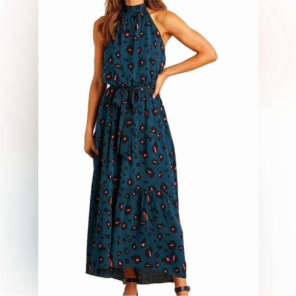 Pretty Garden Cheetah Print Teal & Pink Tiered Halter Maxi Dress XL - Picture 11 of 11